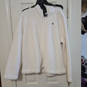 NWT TOMMY HILFIGER Faux Fur White Zip Up Jacket With Hood Womens Size L Sherpa